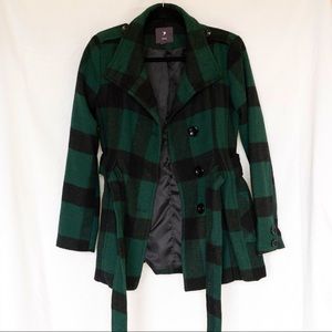 Forest Green & Black Plaid Pea Coat- WOMEN SMALL